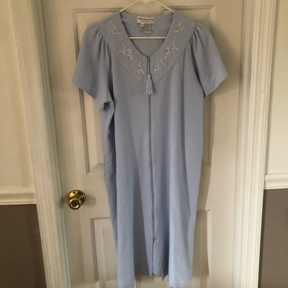 Miss Elaine Women's Short Brushed Waffle Knit Cotton Zip Robe Blue Medium